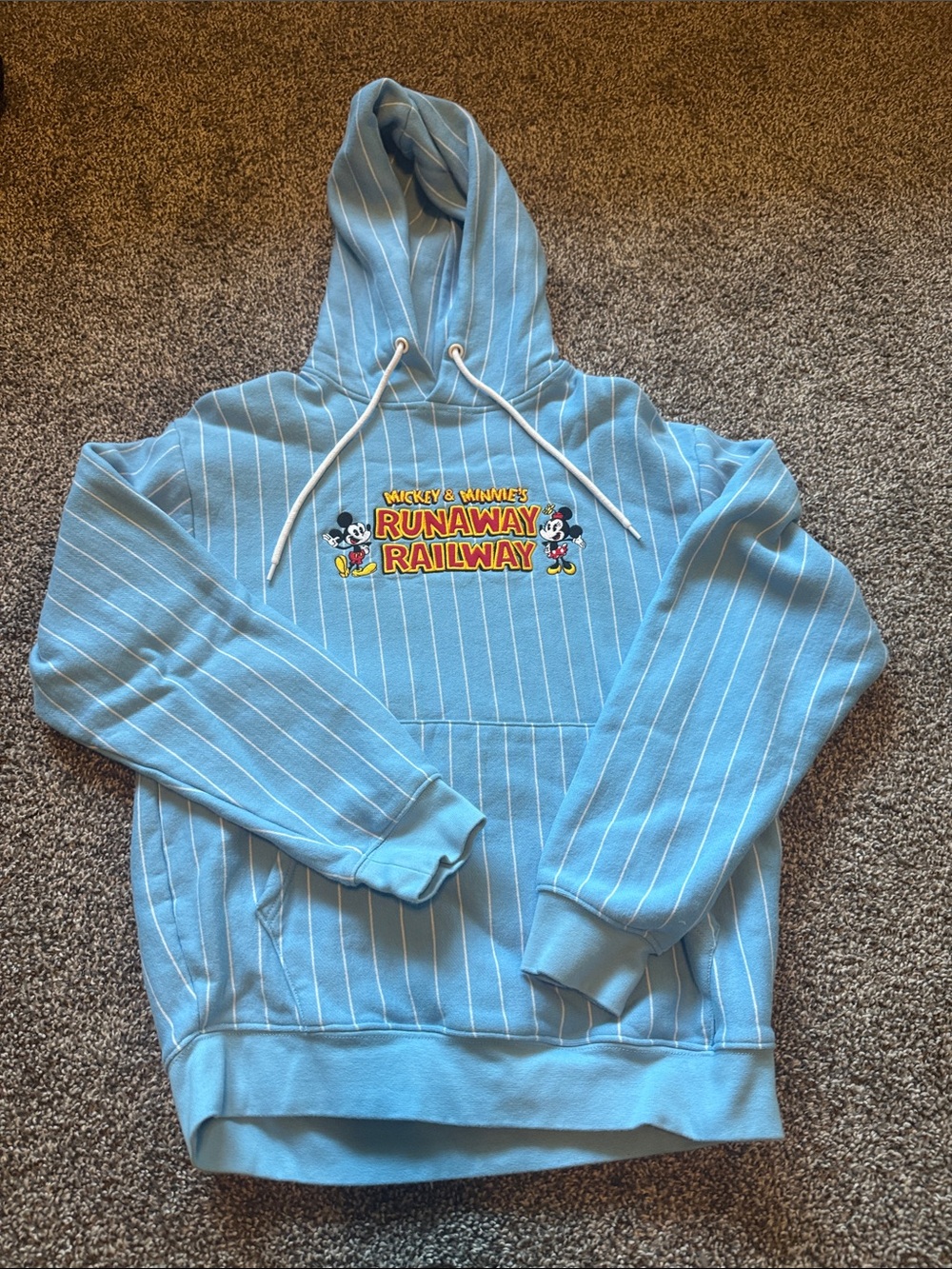 Disney Light Blue Pinstripe 'Runaway Railway' Hoodie with Mickey & Minnie
